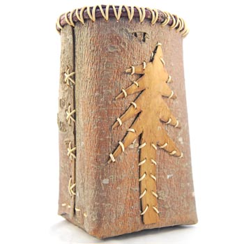 White Pine bark tall mokok with tree appliqué - 10H x 6W x 6D